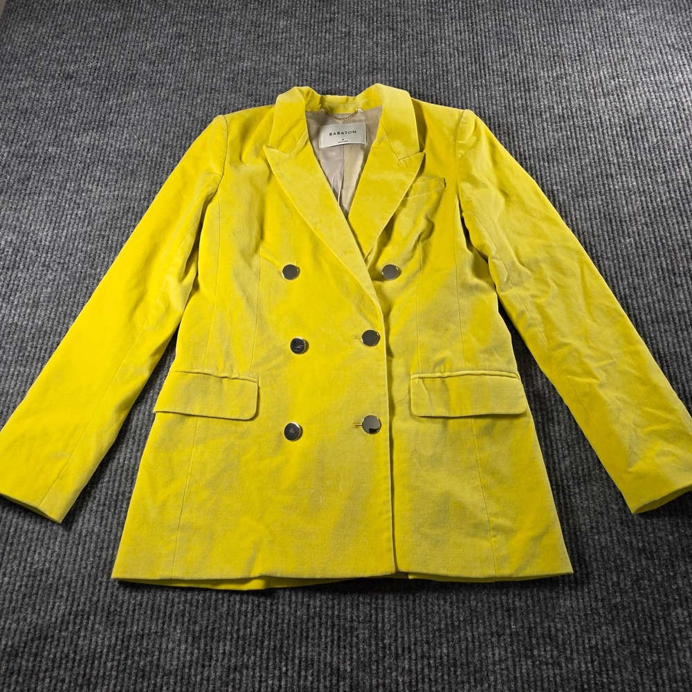 Babaton Yellow Velvet Double Breasted Blazer Gold Button Jacket Womens 4